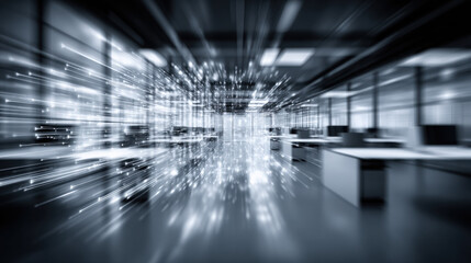 Abstract digital data streams flowing through a modern, empty office space. suggesting speed and connectivity.