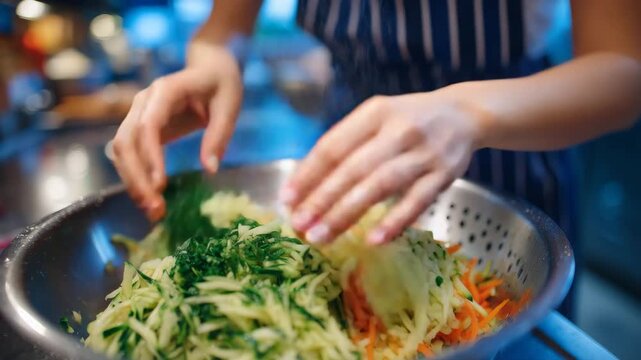 Macro shot of hands grating fresh carrots and zucchini into a bowl, vibrant textures and colors highlighted, blurred kitchen environment behind, healthy food preparation, plant-bas