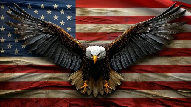 Bald eagle with spread wings over United States flag, patriotic symbol. Video