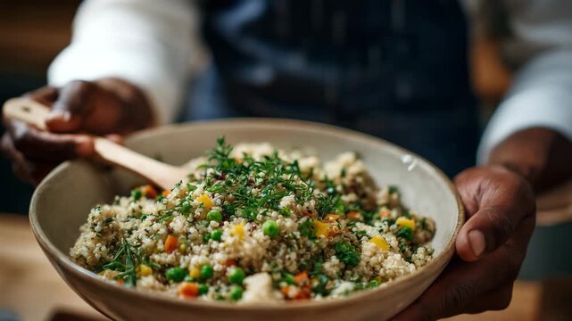 Macro view of a bowl of quinoa being mixed with fresh herbs and diced vegetables, hands using a wooden spoon, blurred kitchen background, healthy meal prep, vibrant ingredients, an