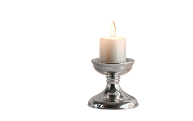 Classic silver candle holder with soft glowing flame photographed in minimal bright studio setting for decorative purposes isolated on transparent background PNG