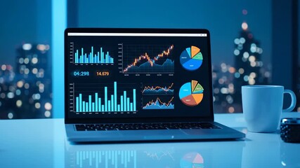 Laptop with financial data on screen in a modern office overlooking a nighttime city. - Powered by Adobe