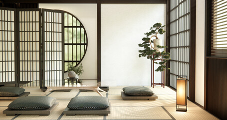 Zen room interior with low table and pillow on tatami mat in wooden room japanese style.