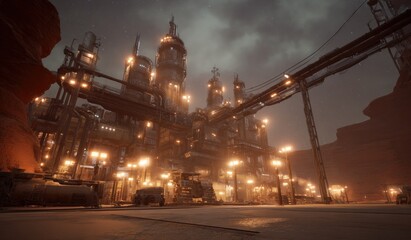 Obraz premium Industrial cityscape at dusk with illuminated structures and ambient lighting