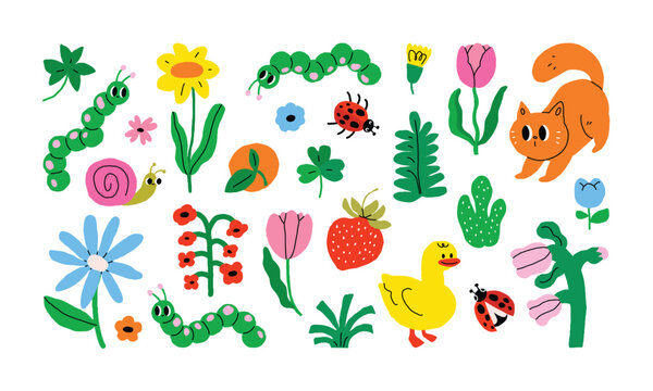 Colorful flowers and green leaves in a hand-drawn style.Garden doodle for growing, displaying, and enjoying plants like flowers, leaves, worm and natural elements with design.