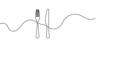 Obraz premium Knife and fork continuous line drawing minimalist silhouette for restaurant menu vector design