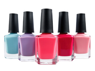Obraz premium A collection of five distinct nail polish colors displayed on a shelf