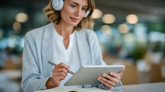 Over-the-shoulder close-up of hands using a tablet with stylus, blurred background of co-working space, headphones and sketchbook on desk, digital nomad productivity, freelancing c