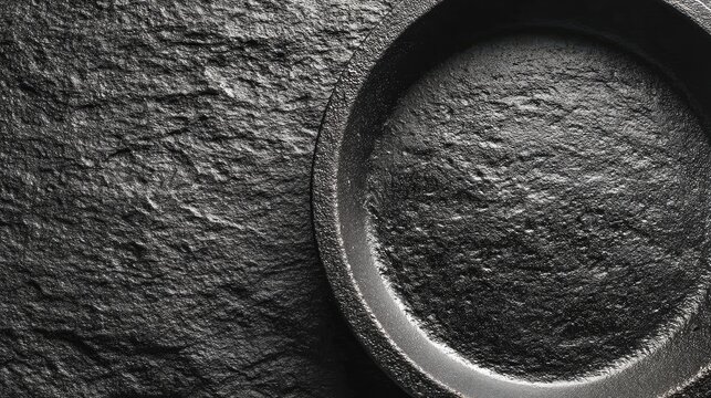 Black cast iron texture, frying pan surface, rough metal, cookware background, dark industrial food style 