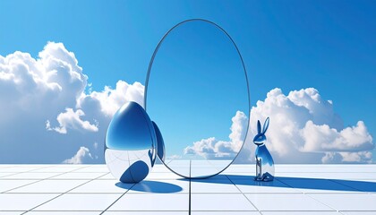 A surreal minimalist Easter-themed scene featuring a bright blue sky with soft fluffy clouds, a reflective egg-shaped object, and a silver rabbit standing next to a mirrored surface.