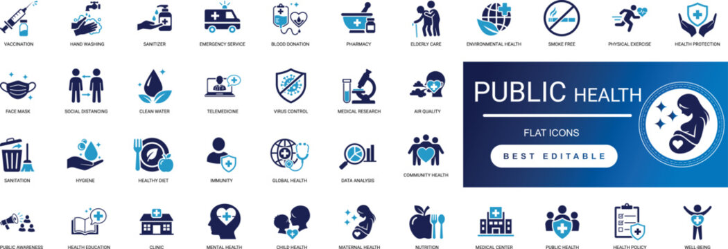 Public health solid icon set featuring community care medical wellness and disease prevention, hospital patient safety symptoms and virus, and vaccination clinic healthcare editable vector icons