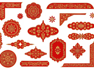Intricate red and gold decorative borders isolated on transparent background