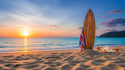 Serene beach scene with surfboard at sunset by ocean