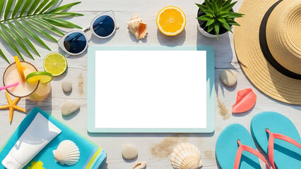 Summer vacation essentials on a white wooden beach background