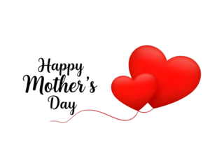 Two Red Heart- Shaped Balloons with Happy Mothers Day Text on Transparent Background