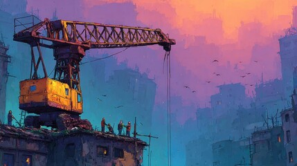 Sunset cityscape with a large construction crane overlooking buildings