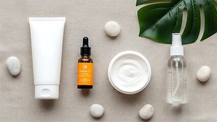 Natural skincare products with vitamin C and green leaf on beige background