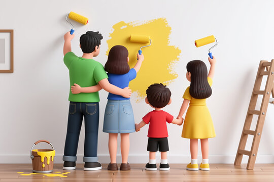 Cartoon family in casual clothes painting a wall yellow together, holding hands, with a ladder and paint bucket nearby, in a minimalist white room.