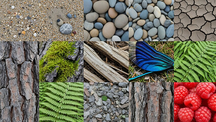 Nature textures and patterns with stones, tree bark, ferns, and berries