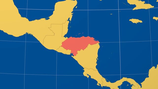 Honduras on Globe. Animated zoom into the country in Ocean Blue Golden Yellow color palette. Honduras logo animation. Map with meridians, parallels. Vibrant video.