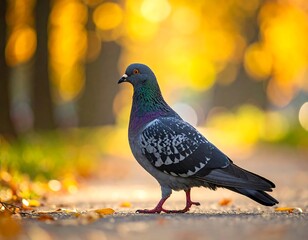 A pigeon stands proudly on a path. Autumn leaves create a warm golden bokeh background. Vivid light illuminates the bird