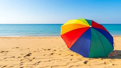 Vibrant beach umbrella on sunny shore by calm ocean