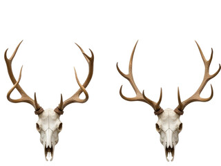 Naklejka premium Two deer skulls with antlers on a white background, perfect for representing wildlife or nature themes