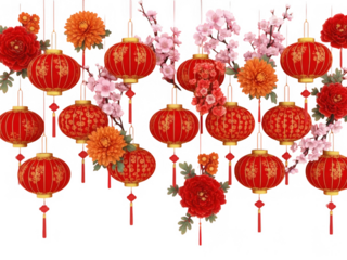 Vibrant chinese lanterns and flowers decoration isolated on transparent background