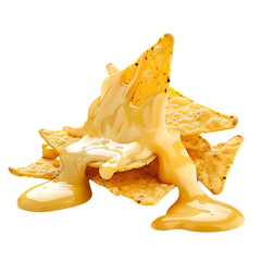 Close up of a crunchy nacho chip dipped in cheese sauce