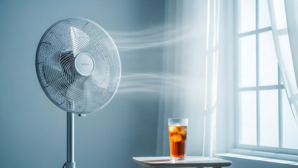 Electric fan cooling a glass of iced tea on a small table by the window