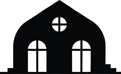 Fototapeta premium Minimalist barn house icon with symmetrical arched windows and gable roof for farm estate or rural property branding.