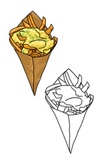 a drawing of a french fry with mayonaise on a paper cone. Delicious street food