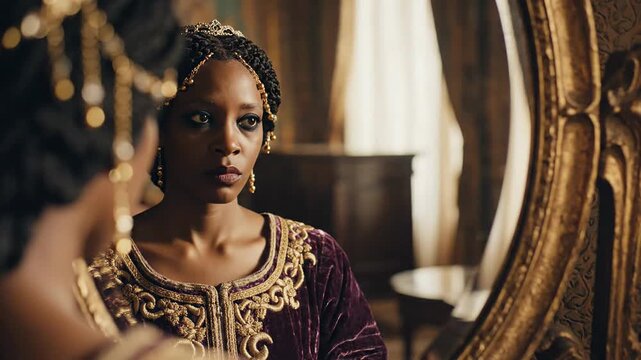 A queen gazing at her reflection in an ornate gold mirror