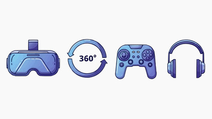 Virtual reality headset, controller, and headphones displayed alongside 360-degree symbol, representing immersive gaming technology and interactive entertainment, fx.svg reference