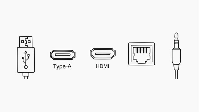 Various computer ports and connectors illustrated in a simple line art style, showcasing USB, Type-A, HDMI, and audio jack from left to right.