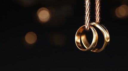 Golden wedding rings suspended on a delicate rope, showcasing metallic reflections against a dark background.
