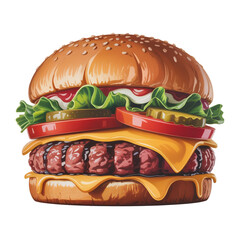 Classic Cheeseburger with Beef Patty, Lettuce, Tomato, Pickles and Melted Cheese Isolated on Black Background