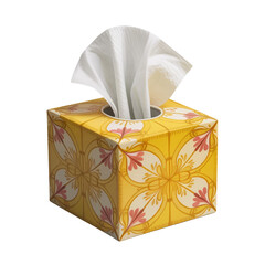 Decorative Yellow Tissue Box with Floral Pattern and Soft White Tissues Isolated on Black Background Household Hygiene Concept
