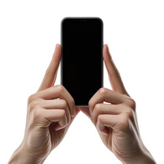 Human Hands Holding Modern Smartphone with Blank Black Screen Isolated on Black Background Mobile Technology Mockup Concept