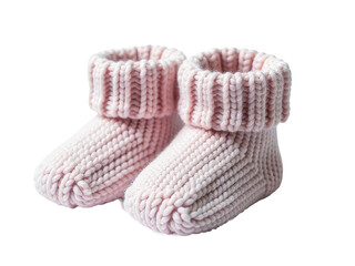 A pair of pink knitted baby shoes on a white background, ideal for photography or design projects
