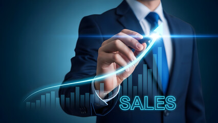 Businessman analyzing sales growth with glowing graph