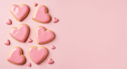 Fototapeta premium Pink heart cookies arranged on soft pastel background
