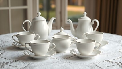 symmetrically. White porcelain teacups and teapot on a lace tablecloth. bar promotions, beverage menus, designed for food & beverage menus and cafe branding, elevates brand perception.