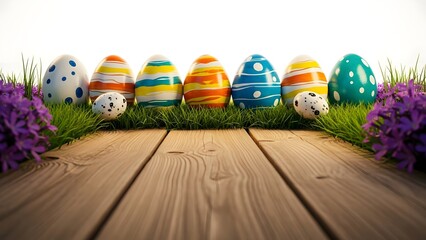 Easter eggs decorated and arranged on wooden planks for spring celebration