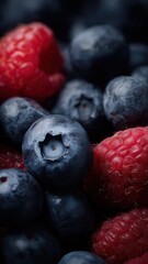 Vibrant close-up of fresh blueberries and raspberries, showcasing juicy texture and rich color, perfect for healthy food and commercial advertising concepts