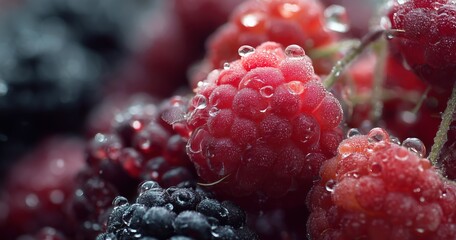 Vibrant close-up of fresh raspberries and blackberries with dewdrops, highlighting juicy texture and natural color for commercial and culinary use