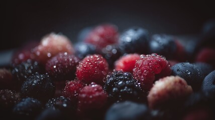 Fresh mixed berries with dewy surfaces and vibrant colors, perfect for commercial food, fragrance, and healthy lifestyle concepts
