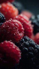 Close-up of fresh raspberries and blackberries with dewy texture, perfect for commercial food, nutrition, and healthy lifestyle concepts