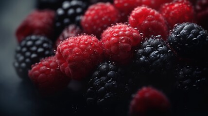 Fresh blackberries and raspberries with dewdrops, vibrant colors, and rich texture, perfect for commercial food, health, and culinary projects