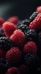 Close-up of fresh raspberries and blackberries with vibrant colors and rich textures, perfect for commercial food, nutrition, and fragrance olfactive note concepts